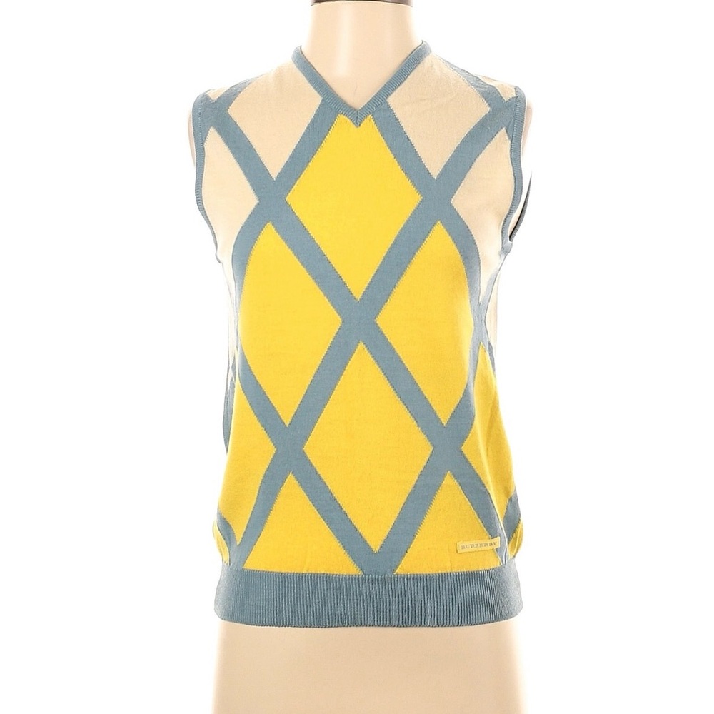 Burberry Golf Yellow & Light Blue Argyle Knit Sleeveless Top